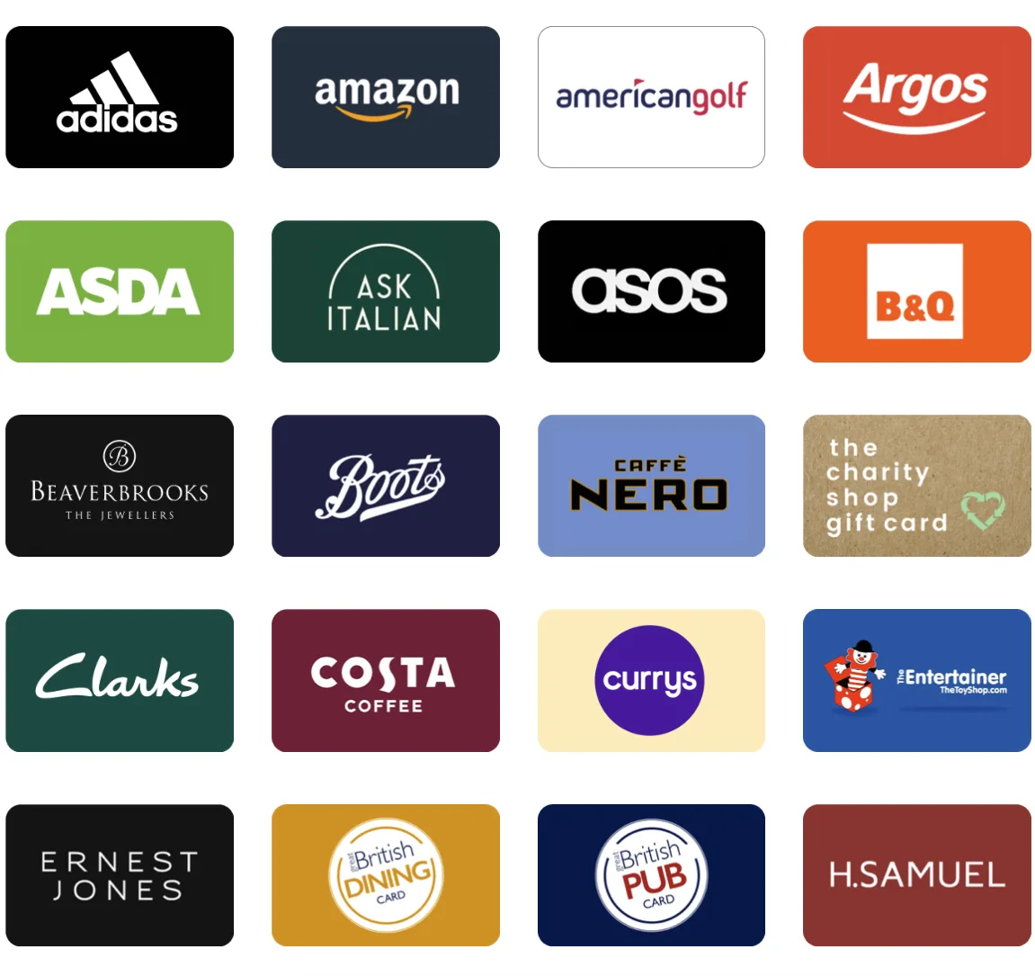 Gift card options including Adidas, Amazon, ASOS, B&Q, Costa Coffee, and more